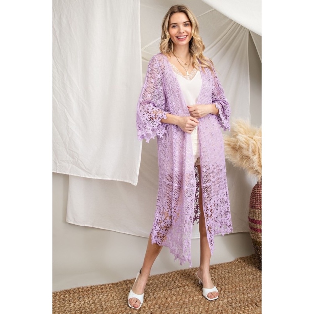 143 Story Lavender Floral Crochet Open Front 3/4 Sleeve Cardigan - Picture 5 of 6